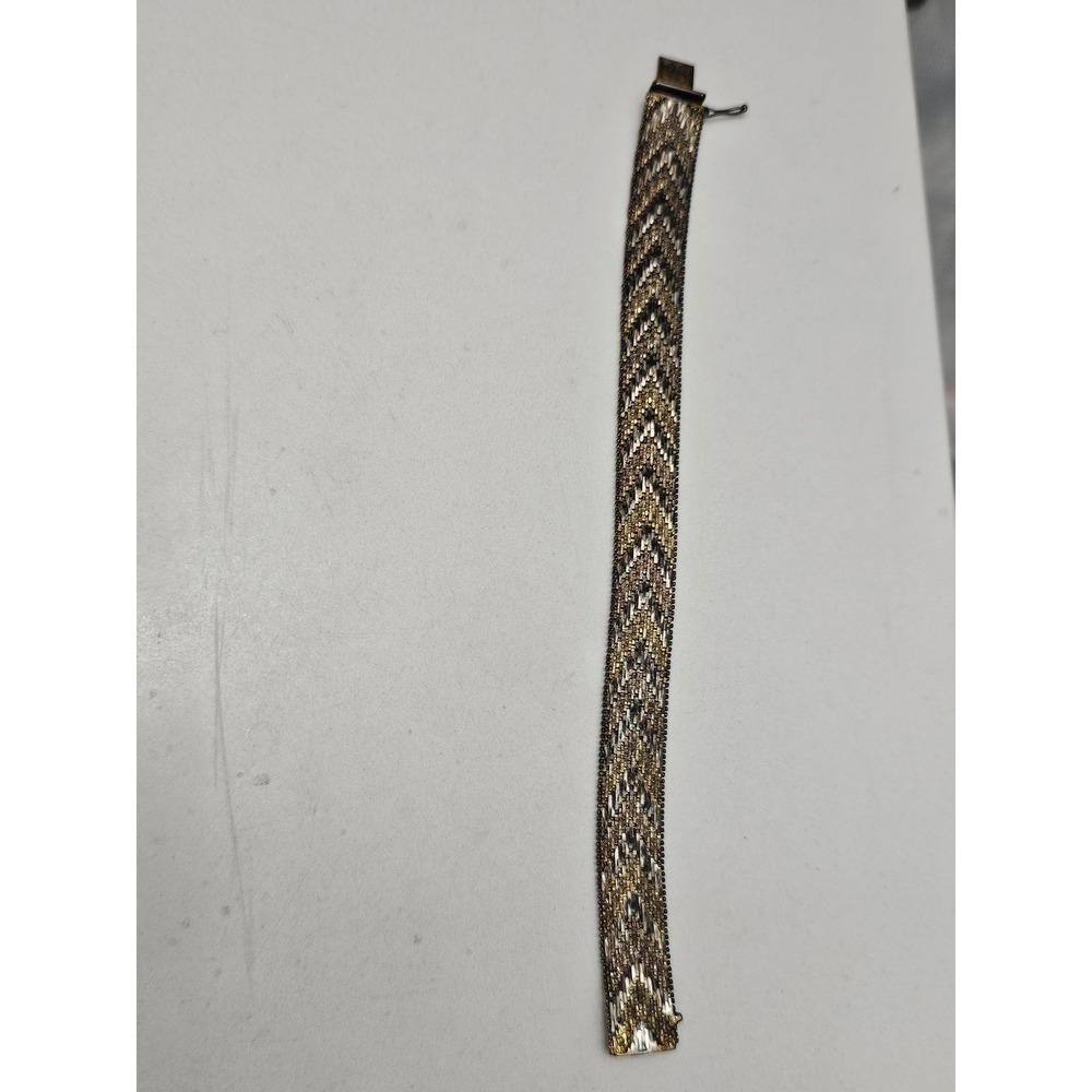 Vintage Mixed Metal Chevron Mesh Slide Bracelet Silver Gold Tone Box Clasp